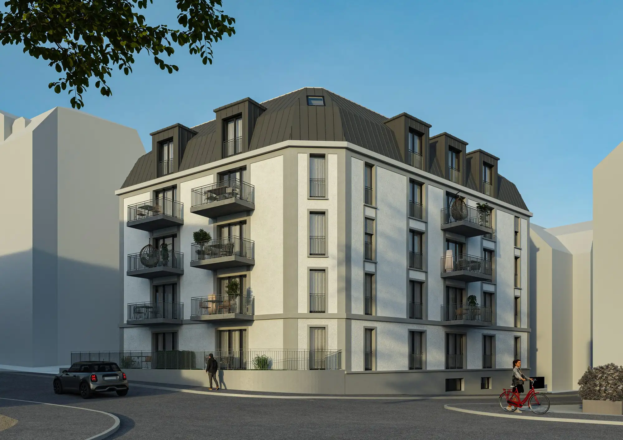 Visualisierung eines Mehrfamilienhauses an der Strassenecke, nosh architekten AG